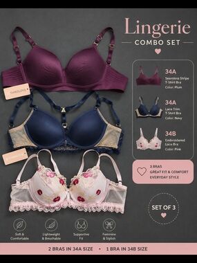 ThirdLove 3-Pack Bra Set in Plum, Navy & Pink